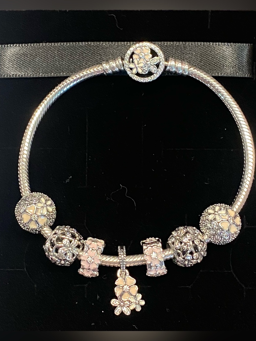 Authentic Pandora Silver Poetic Blooms Bracelet & 7 Charms Set ~ Size 7.5